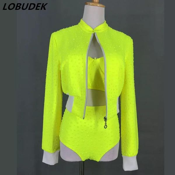 

two piece dress fashion three-piece dj jazz hip women set dance team performance costume fluorescent green rhinestones bikini coat outfit, White