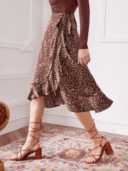 

wrap tie side allover print skirt r9xw#, Black