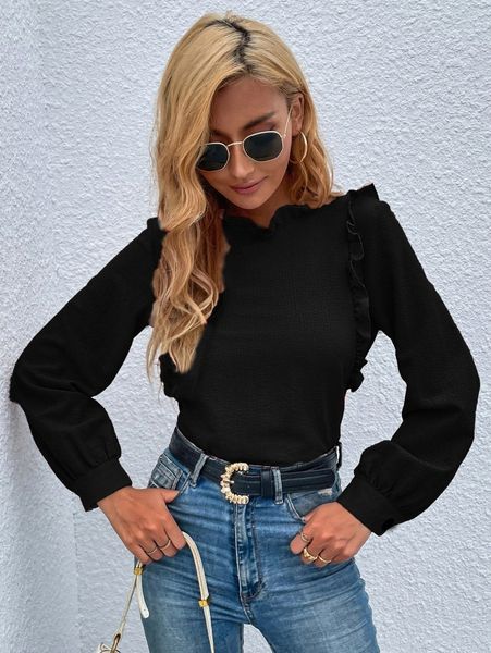 

solid ruffle detail blouse r5fx#, White