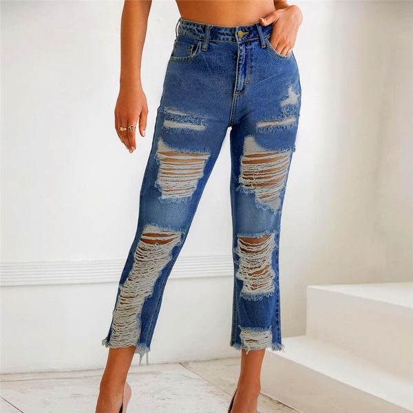 

blue hole high waist straight jeans women 2021 new ripped streetwear vintage do old cotton ankle length denim pants female