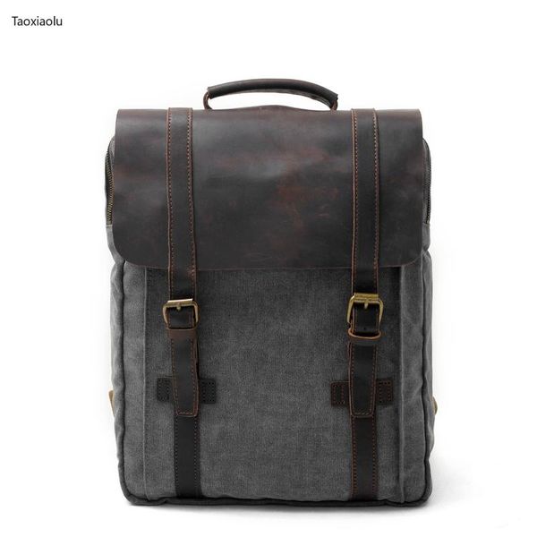

backpack classiceurope fashion pure cotton canvas leather backpacks 14" lapwaterproof daypacks large capacity men rucksacks retro
