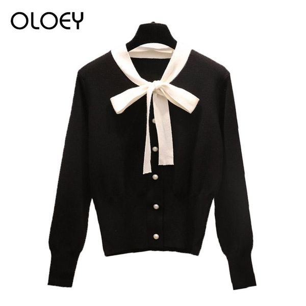 

women's knits & tees pearl bow tie neck sweaters elegant ladies 2021 fashion women blouses cardigan spring coat long sleeve, White