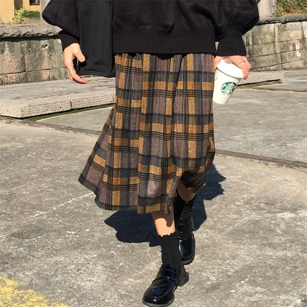 Vintage Ekose Pileli Uzun Etekler Kış Kadın Punk Rock Kore Yün Etek Streetwear İpli Elastik Bel MIDI Etek 210306
