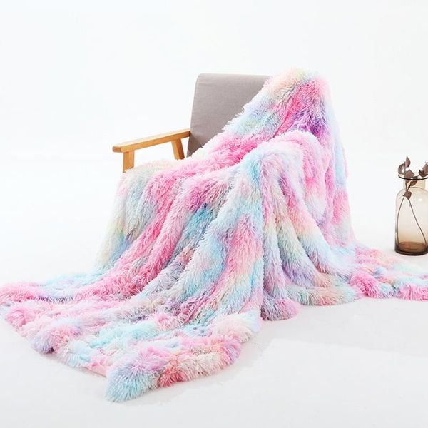 

blankets rainbow color long faux fur blanket coral fleece super soft flannel warm cozy fluffy throw for bed sofa chair couch