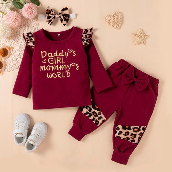 

clothing sets fall clothes letter set toddler infant baby girls leopard print bow trouser pants outfits vetement fille, White