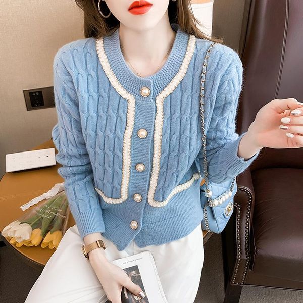 

women's knits & tees sweet chic pearl button knitted cardigan women korean fashion crew neck long sleeve cropped sweater kawaii knitwea, White
