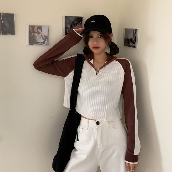 

2021 new autumn college style high neck contrast knit long-sleeved trendy women's fashion short sweater 2u0j, White;black