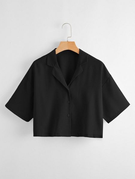 

plus drop shoulder lapel neck crop blouse h3uh#, Black