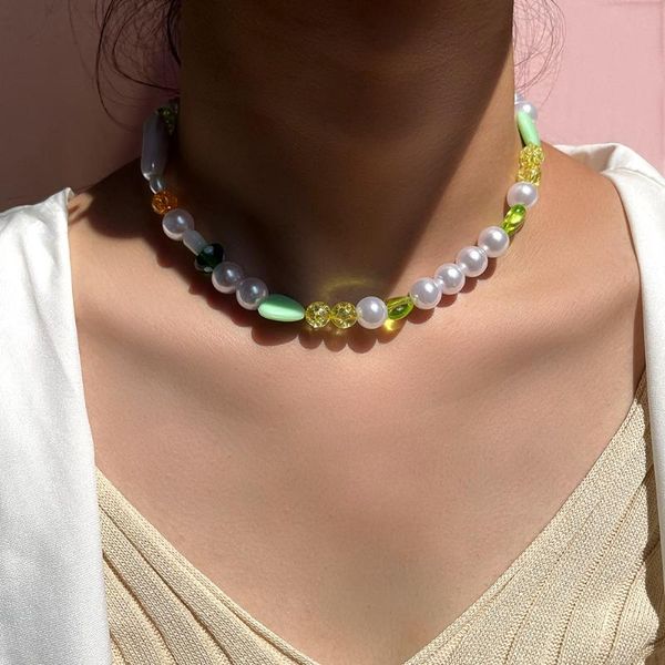 

chokers simulated pearl choker green heart mushroom beaded necklace for women colorful clear round bead strand y2k jewelry, Golden;silver