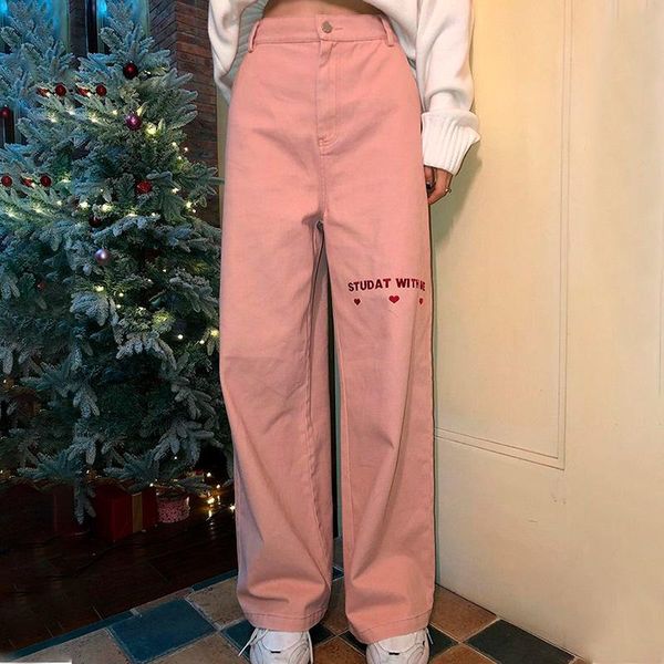 

women's jeans denim trousers 2021 pink vintage love embroidery streetwear female high waist wide leg pants baggy harajuku mom bf, Blue