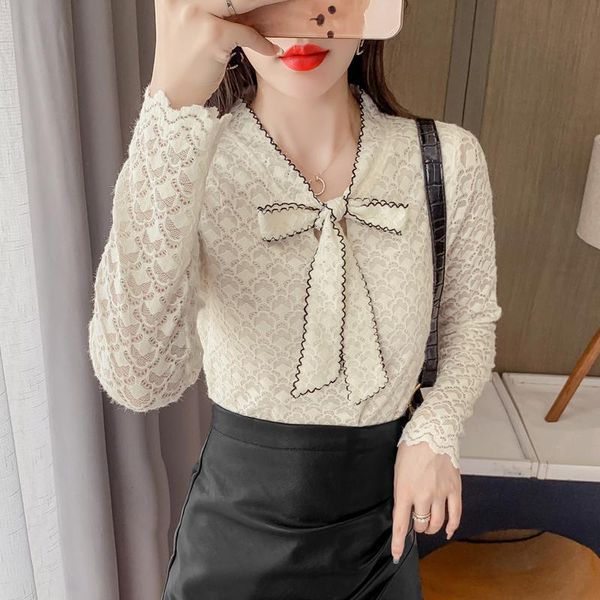 

women's blouses & shirts blouse women autumn 2021 office lady korea style long sleeve lace solid bow v-neck white blusas womens and