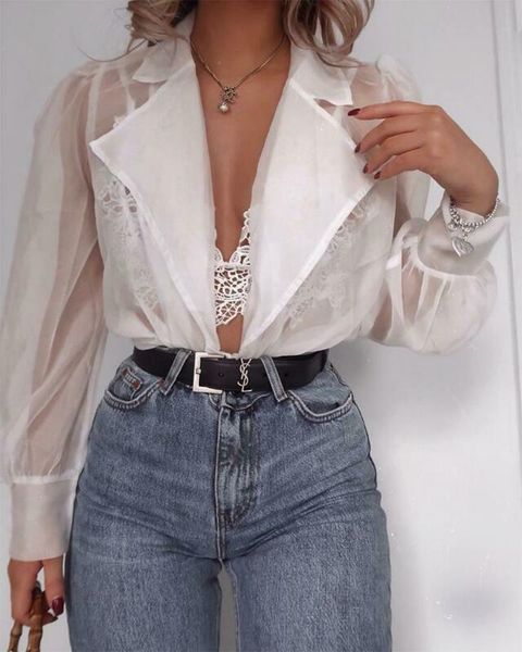 

women's blouses & shirts women see-through shirt casual tailored collar blouse mesh patchwork puff sleeve ruched, White
