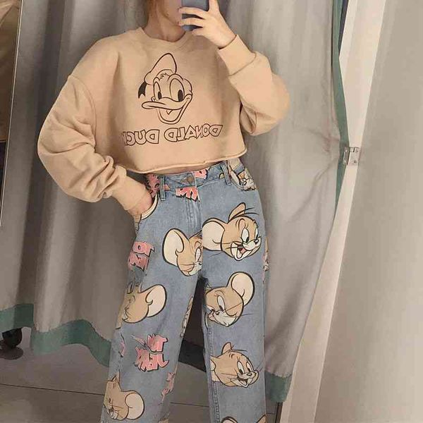 

women's jeans arrival spring summer female brim pants high waistline of cartoon printed casual release leg wide jean jeans 7vhs, Blue