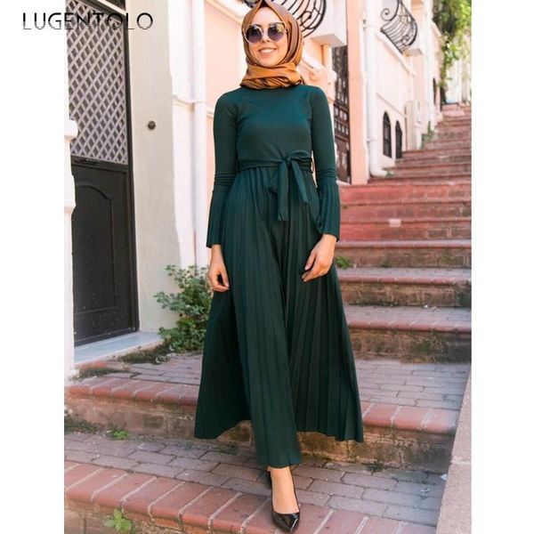 

casual dresses lugentolo muslim fashion dress women dubai abaya pleated flared long sleeves high waist round neck solid womens, Black;gray