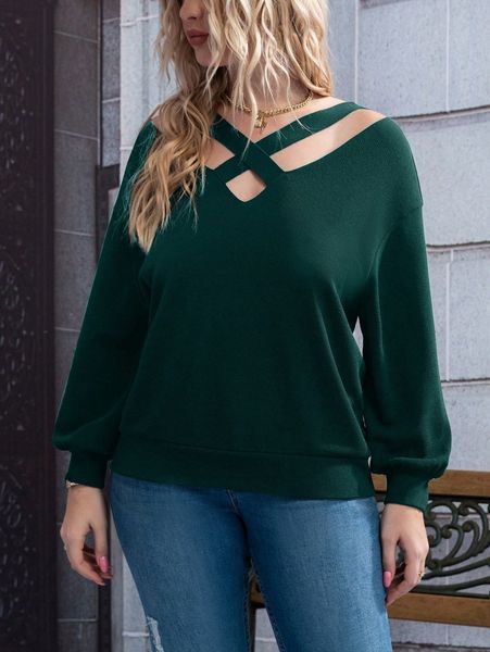 

plus crisscross drop shoulder sweatshirt 53sk#, Black