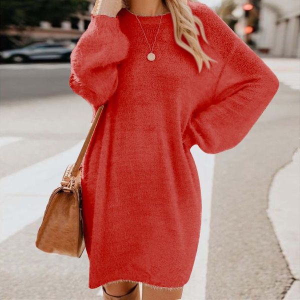 

casual dresses fashion autumn winter women plush fleece warm midi dress sweater long sleeve o neck loose solid color party, Black;gray
