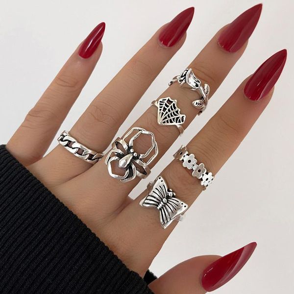

cluster rings 6 pcs/set fashion silver color butterfly spider set punk rose flower geometric for women jewelry accessories, Golden;silver