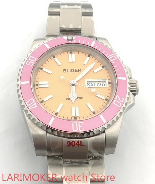 

wristwatches men's luxury sports and leisure waterproof watch mechanical clock mh36 cases yellow dial pink bezel, Slivery;brown