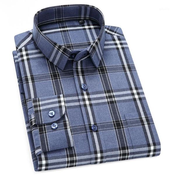 

men's casual shirts autumn winter plaid checked brushed single chest pocket comfortable standard-fit long sleeve striped shirt, White;black