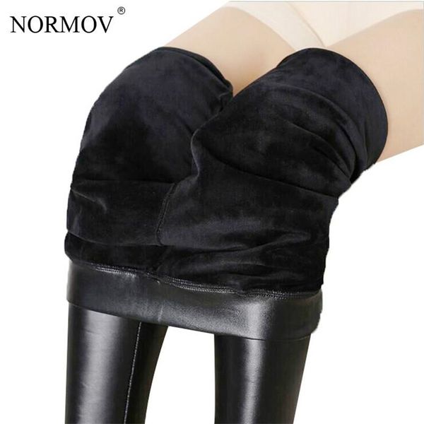 NORMOV Leggings in pelle spessa da donna Inverno Nero Vita alta Warm Plus Velvet Fashion Pu Femme 211215