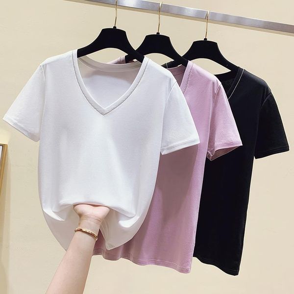 

women's t-shirt short-sleeved women 2021 quality solid color loose korean version of simple v-neck all-match fresh top, White