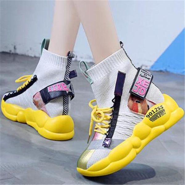

boots 2021 breathable sock ankle women chunky sneakers platform thick sole ladies casual vulcanize shoes high dad, Black