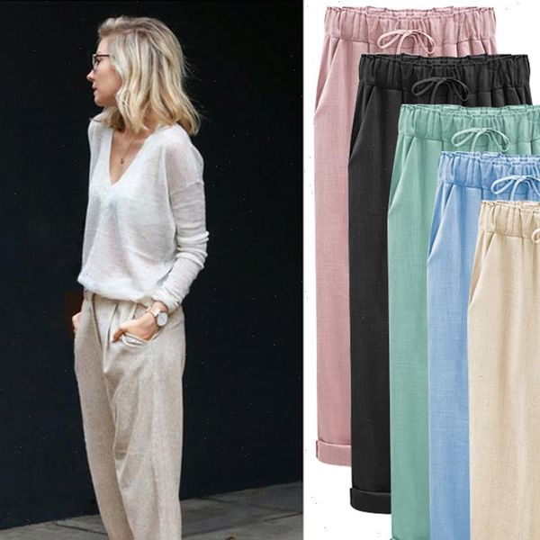

solid color loose slim harem womens pant spring autumn casual cotton linen fashion plus size, Black;white