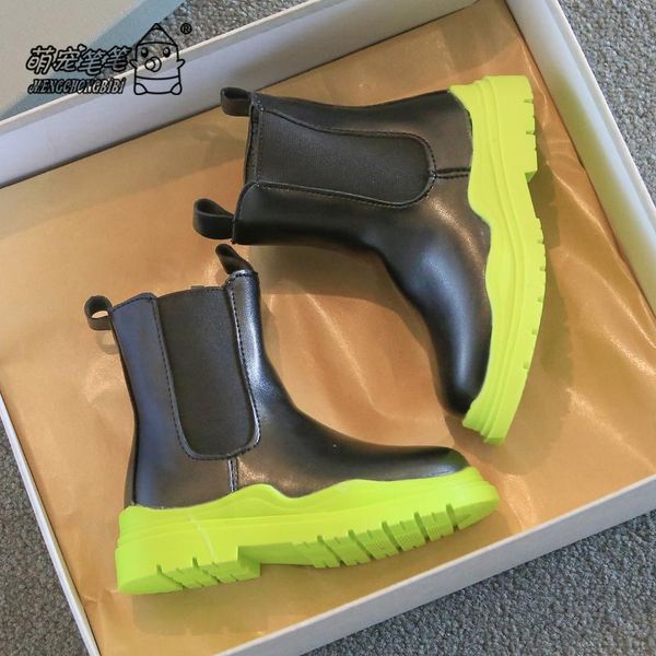 

boots kids leather girls boys fashion contrast candy color black pu shooes british style pipe, Black;grey