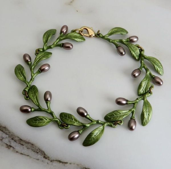 

charm bracelets csxjd 2021 imitation pearls olive leaves alloy bake lacquer women vintage bracelet jewelry, Golden;silver