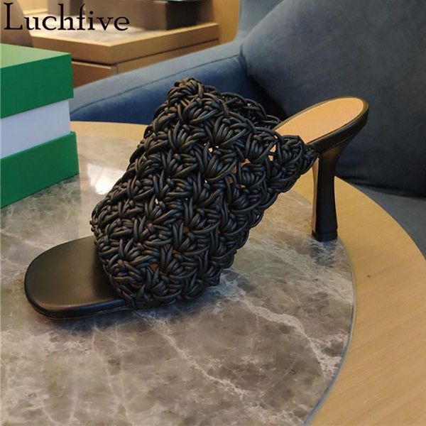 

cross weave peep toe slippers women thin high heels party shoes summer ladies slides runway black blue sapatos feminina