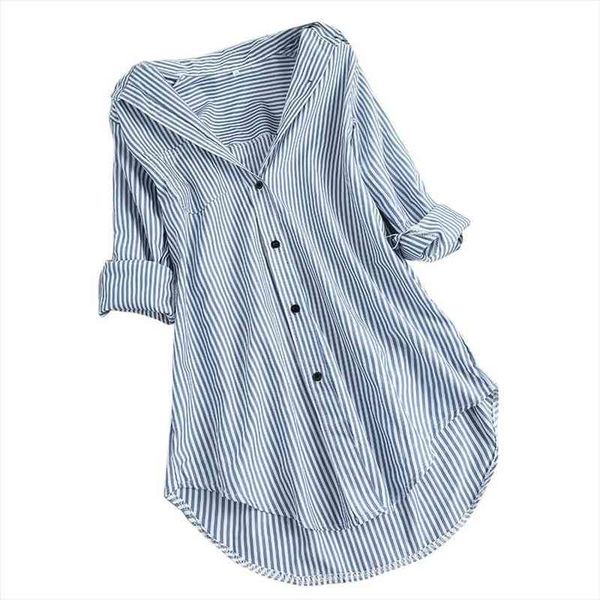 

5xl plus size spring fashion women shirt stripe button casual turn down collar long sleeve tunic top, White