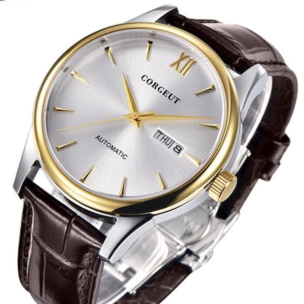 

wristwatches 40mm men's watch sapphire leather white dial steel gold case brown strap miyota automatic mechanical luxury, Slivery;brown