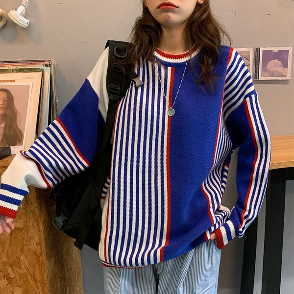 

2021 new 0 autumn loose retro vertical stripes color block contrast sweater round neck simple fashion rnyr, White;black