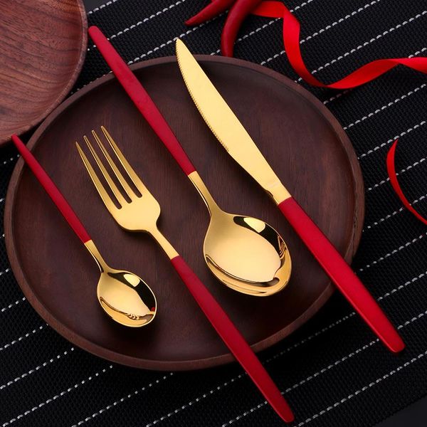 

flatware sets 16/24pcs red gold cutlery stainless steel set dinner knife spoon fork kitchen tools dinnerware christmas gifts