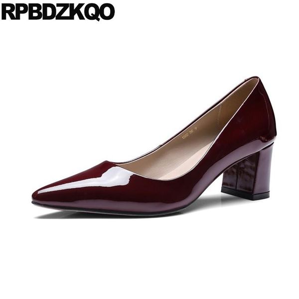 

dress shoes medium heels winkle picker genuine leather pointed toe wine red black office patent chunky pumps size 33 ladies formal