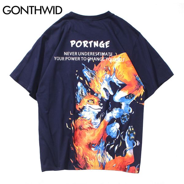 Gonthwid Tees Camiseta Harajuku Fogo Chama Foxes De Manga Curta Tshirts Hip Hop Casual Algodão Streetwear Moda Casual Solto Tops C0315