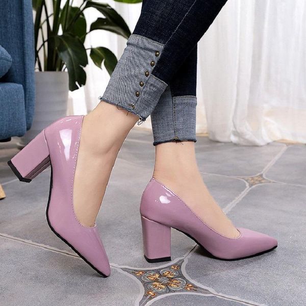 

dress shoes for 2021; season is spring; stylish womens with high thick heels pointed toe; solid color high-heeled lamp shoes;, Black