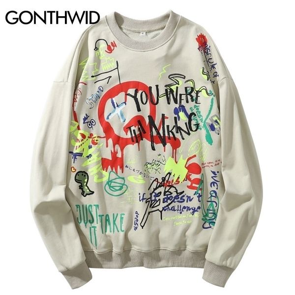 

gonthwid graffiti letter print pullover sweatshirts hoodies streetwear hip hop punk rock hipster harajuku fashion casual hoodie 201113, Black