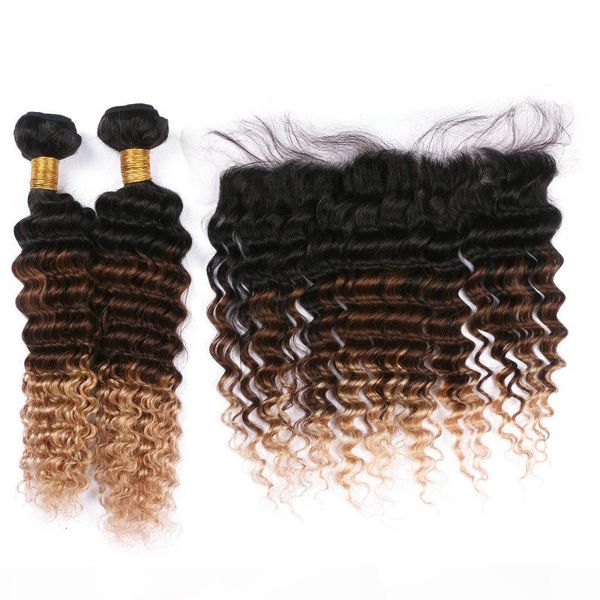 

deep wave #1b 4 27 honey blonde brazilian huamn hair 2bundles with frontal 3pcs lot 3tone ombre 13x4 lace frontal closure with weaves, Black;brown