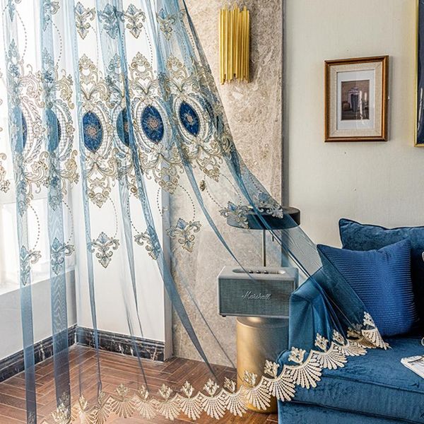 

curtain & drapes stitching blue lace bottom window for bedroom luxury geometric hollow out embroidery curtains living room 456z