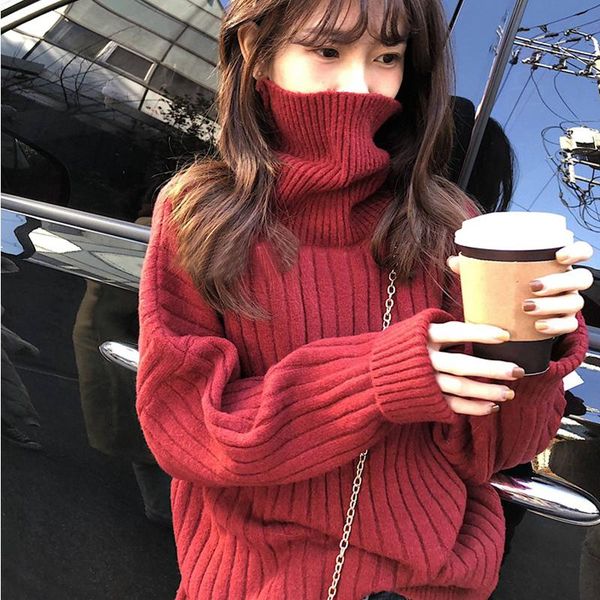 

high collar pullover sweater women's autumn and winter collar loose wear lazy wind thickened knitted bottoming shirt red top, White;black