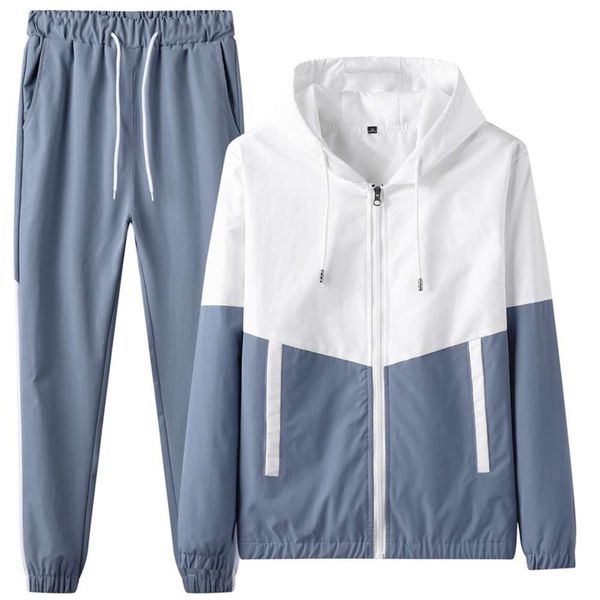 

spring and autumn leisure sports suit men's color matching long sleeve hooded sweater coat trousers youth two piece set, Gray