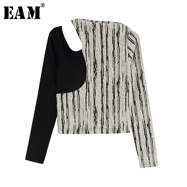 

[eam] women black striped hollow out temperament t-shirt new round neck long sleeve fashion tide spring summer 2021 1w148 210306, White