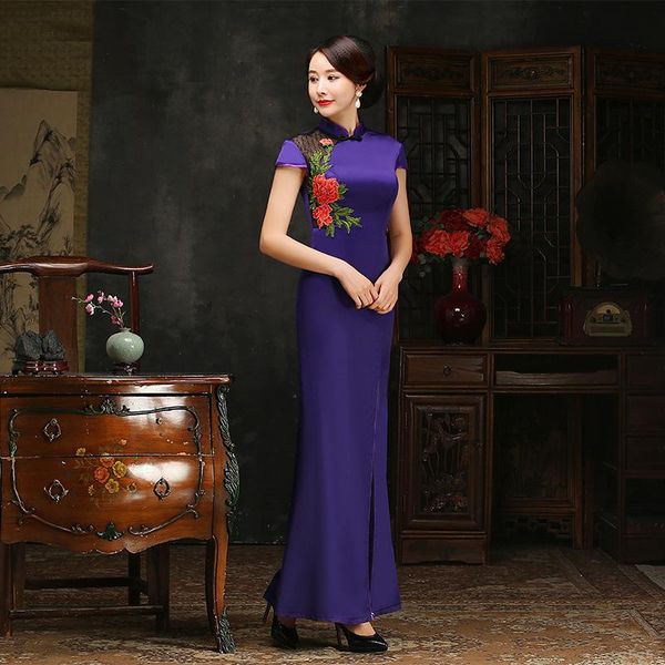 

ethnic clothing female mandarin collar lace qipao flower embroidery cheongsam satin evening party dress gown high split summer vestidos, Red
