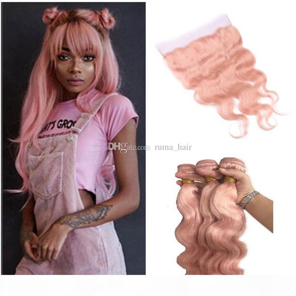 

peuvian pink hair weaves with lace frontal closure body wave rose gold human hair bundles with 13*4 lace frontal, Black;brown