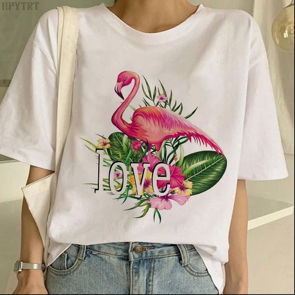 

fashion flamingo love printing t shirt harajuku womens large size tshirt summer casual short sleeved white t shirt female
