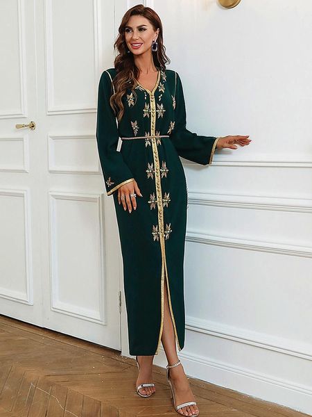 

ethnic clothing women morocco djelleba handwork bugle beads dubai arabic diamonds dress with belt islamic muslim abaya caftan gown party, Red