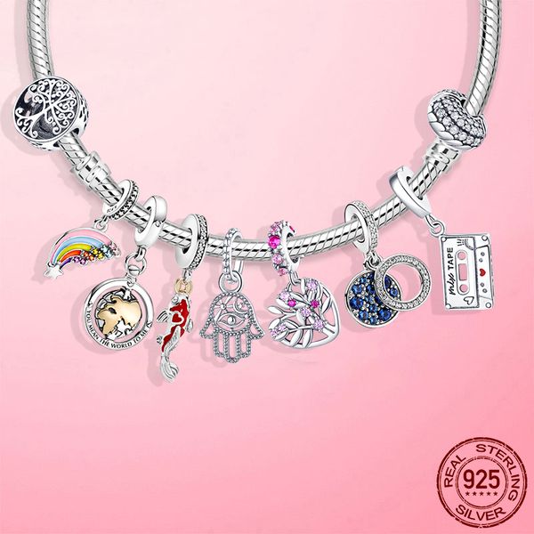 925 Sterling Silver Family Tree Charm Amor Coração Beads Arco-íris Flor Fit Pandora Pulseira Prata 925 Jóias Presente