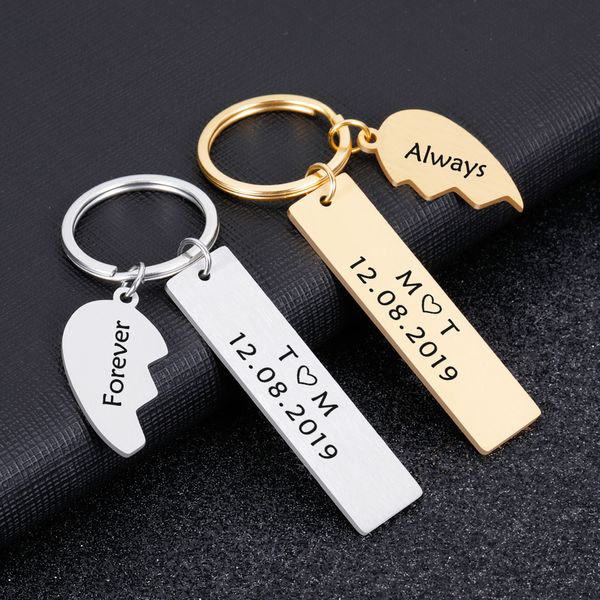 

a pair couple keychain gifts for husband wife boyfriend girlfriend valentines customized date and two initials keychains for himdio chan con, Slivery;golden
