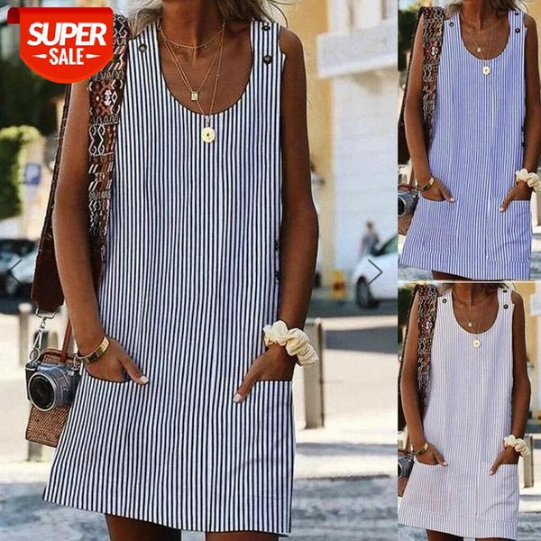 

plus size women boho stripe short mini dress party evening summer beach holiday pocket sleeveless loose casual dress sundress #3v1h, Black;gray